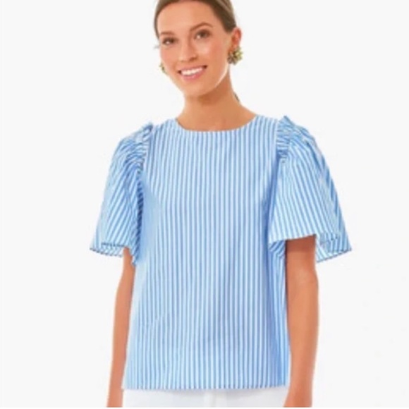 Pomander Place Tuckernuck Blue & White Striped Poplin Lightweight Ruffle Top S - Picture 2 of 14